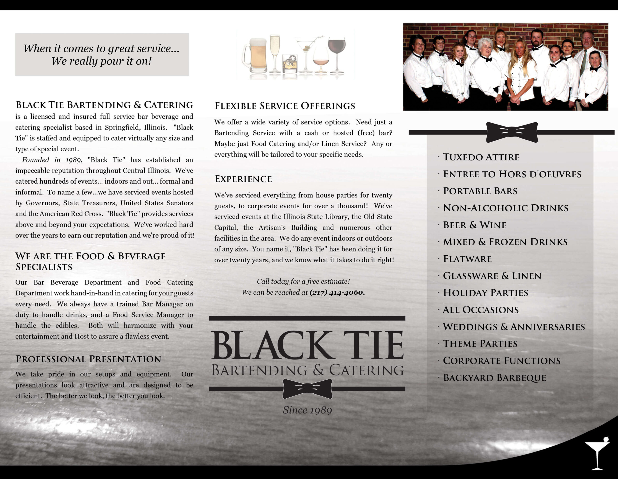 black tie catering and bartending informational brochure - Kim's Place Café - Jacksonville, IL